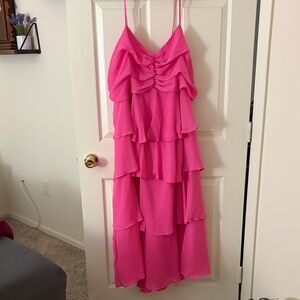 Pink Tiered Ruffle Spaghetti Strap Dress